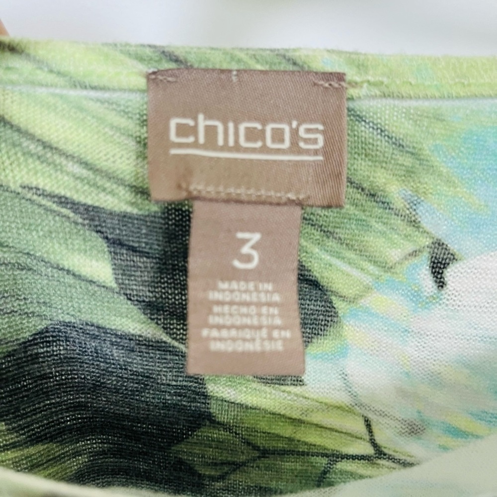 EUC‎ Chico's Green, White & Turquoise Graphic 3/4 Sleeve Fine Gauge Sweater, XL - Picture 10 of 14